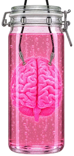 The brain glowing pink, the jar fizzing